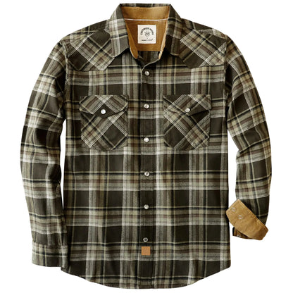 Dubinik Men’s Flannel Pearl Snap Shirt — 100% Cotton Western Plaid, Long Sleeve