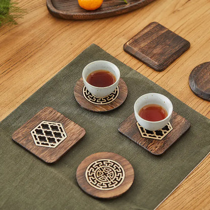 Hand-Carved Paulownia Wooden Coasters — Japanese-Style Desk & Beverage Protection, Round or Square